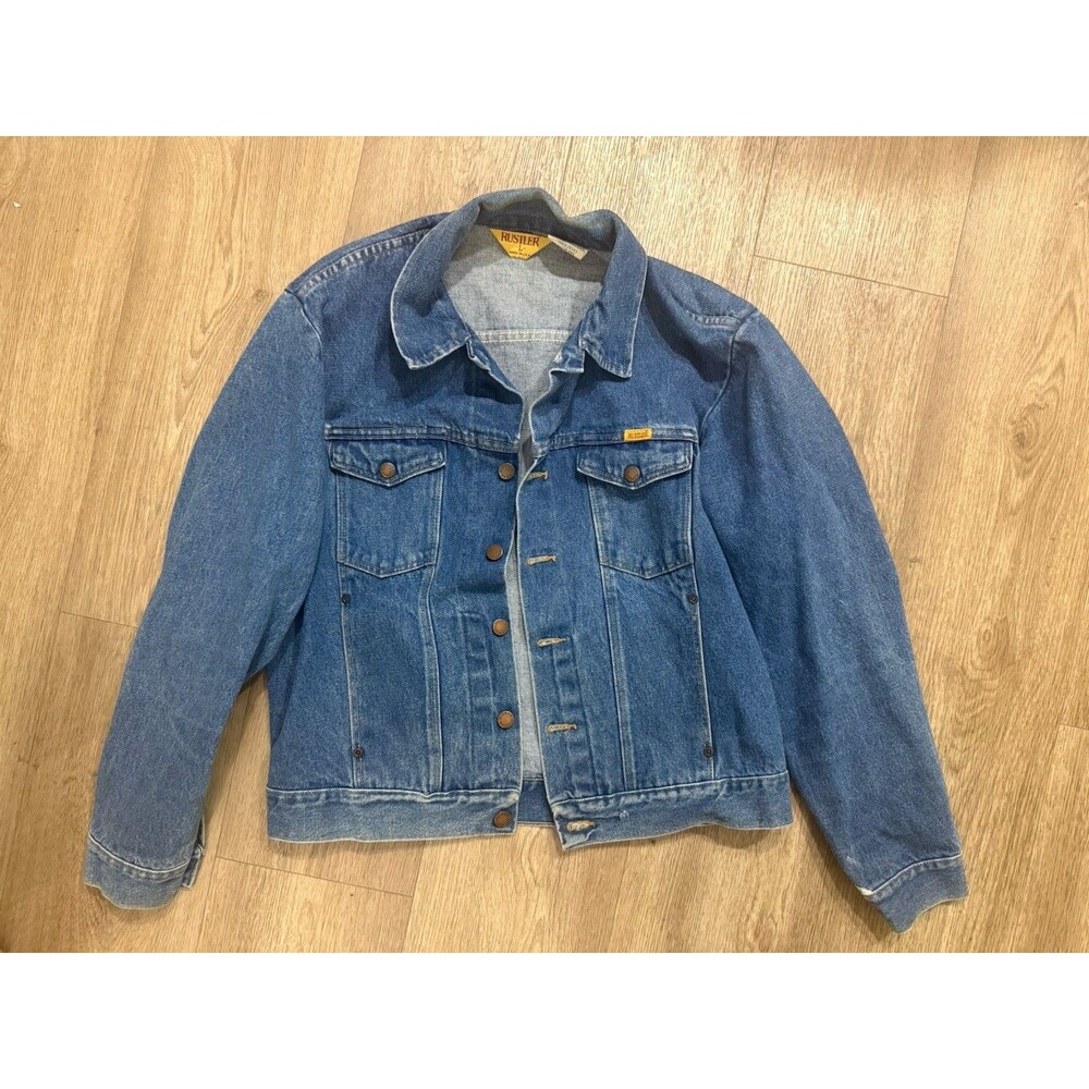 VTG Rustler Trucker Jacket Women L Denim Cowboy Western 80s Made In USA (stain)